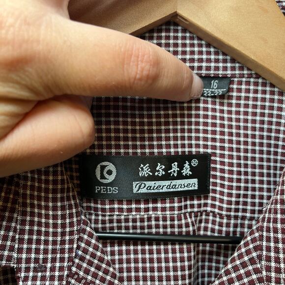 PEDS Paierdansen Men's Long Sleeve Gingham Print Dress Shirt Maroon Red Size 16 - Picture 4 of 5